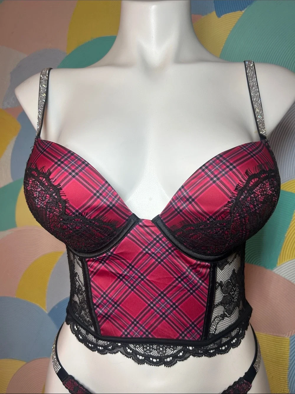 Victoria's Secret Red Plaid Lace Longline Bustier & Thong Set sz s 34B